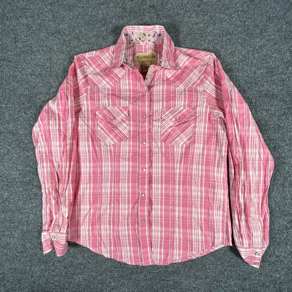 Cowgirl Legend Western Shirt Womens Size M Pink Plaid Metallic Snap Button Rodeo